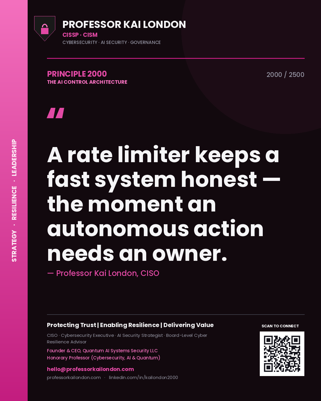 Quote card by Professor Kai London reading 'A rate limiter keeps a fast system honest — the moment an autonomous action needs an owner.'. From the book The AI Control Architecture.
