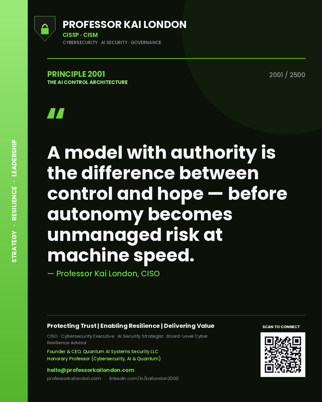 Quote card by Professor Kai London reading 'A model with authority is the difference between control and hope — before autonomy becomes unmanaged risk at machine speed.'. From the book The AI Control Architecture.