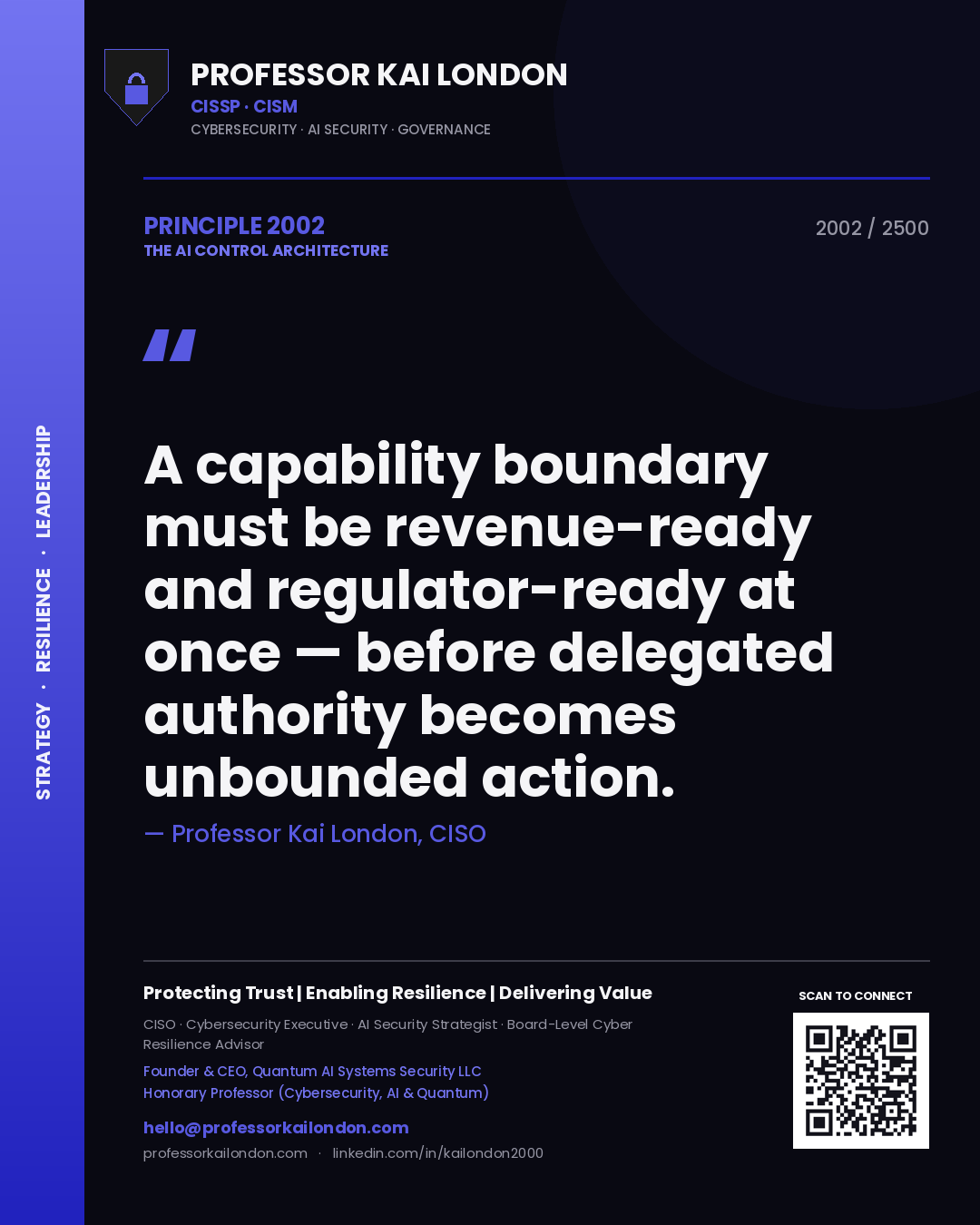 Professor Kai London principle 2002: A capability boundary must be revenue-ready and regulator-ready at once — before delegated authority becomes unbounded action.