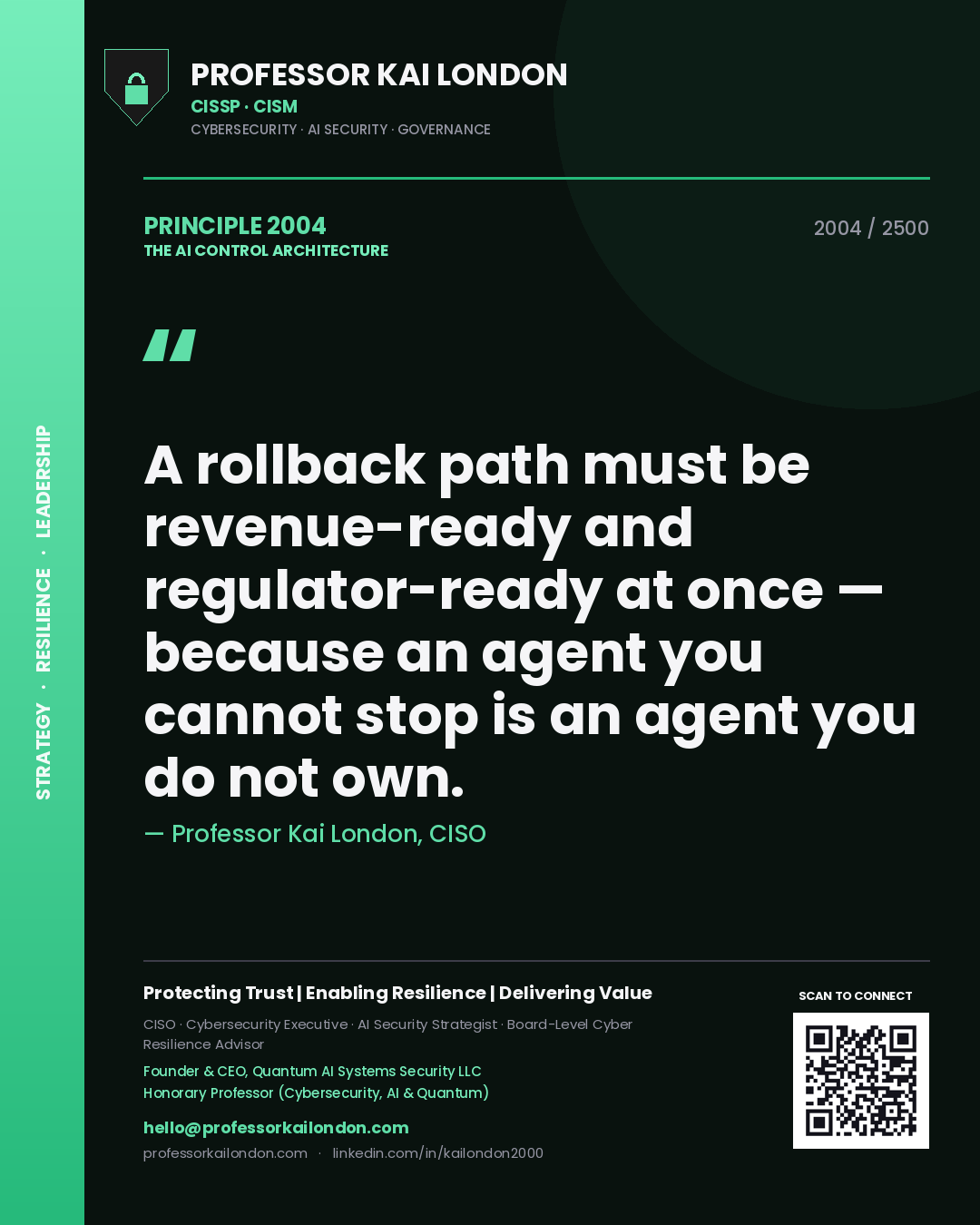 Quote card by Professor Kai London reading 'A rollback path must be revenue-ready and regulator-ready at once — because an agent you cannot stop is an agent you do not own.'. From the book The AI Control Architecture.
