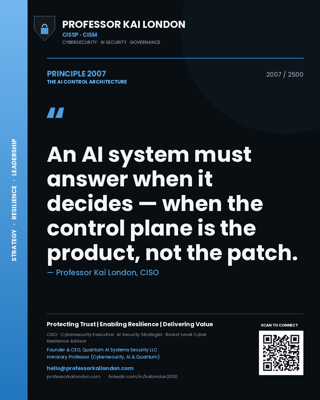 Quote card by Professor Kai London reading 'An AI system must answer when it decides — when the control plane is the product, not the patch.'. From the book The AI Control Architecture.