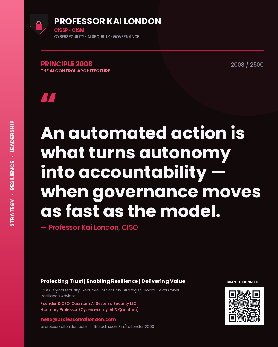 Quote card by Professor Kai London reading 'An automated action is what turns autonomy into accountability — when governance moves as fast as the model.'. From the book The AI Control Architecture.