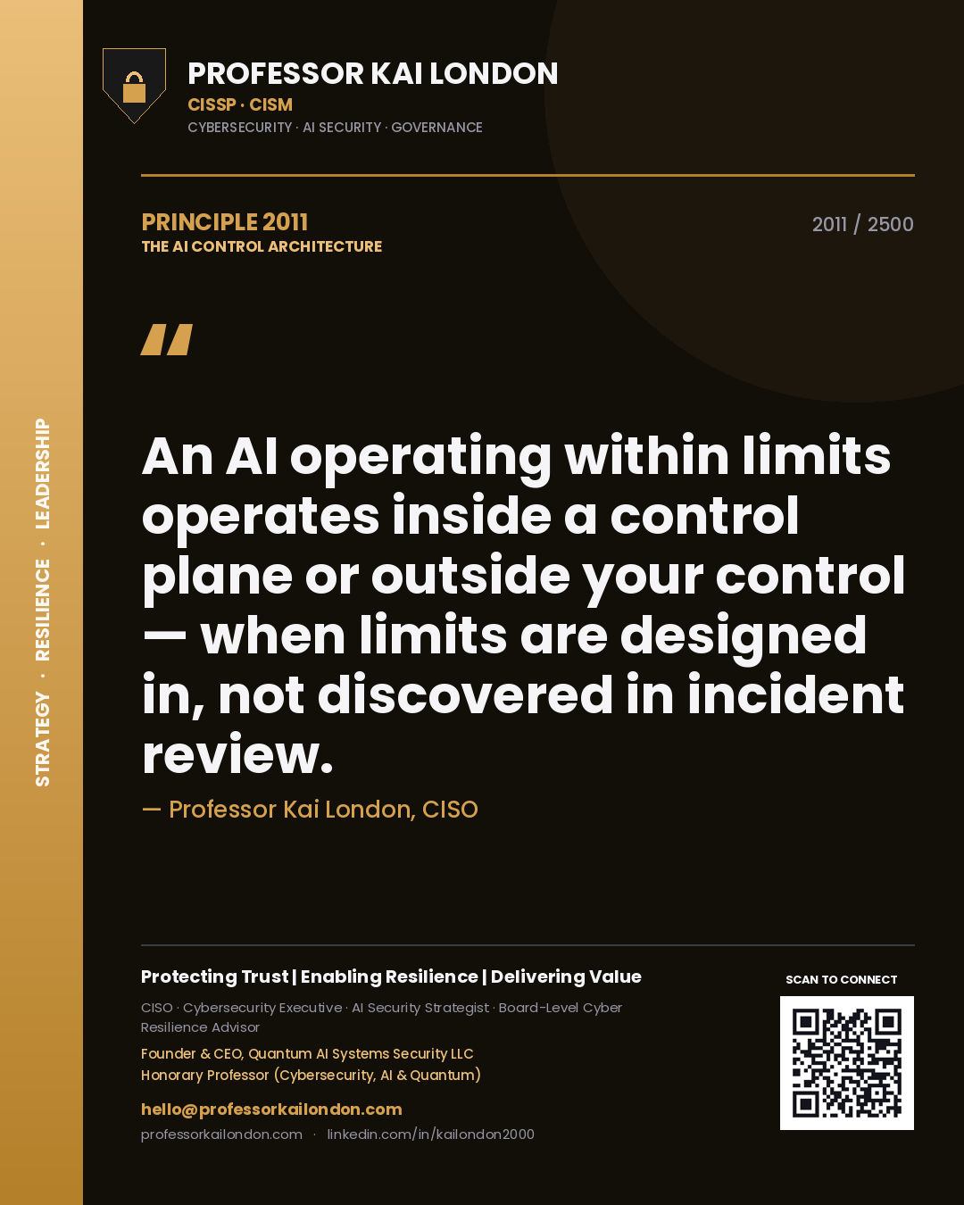 Professor Kai London principle 2011: An AI operating within limits operates inside a control plane or outside your control — when limits are designed in, not discovered in incident review.