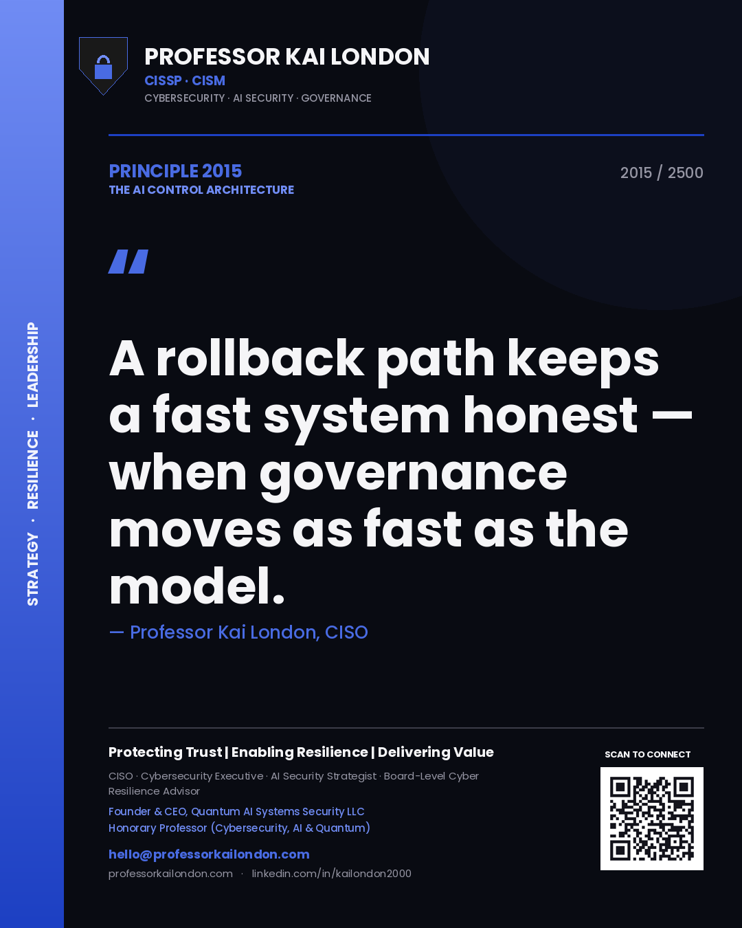 Quote card by Professor Kai London reading 'A rollback path keeps a fast system honest — when governance moves as fast as the model.'. From the book The AI Control Architecture.