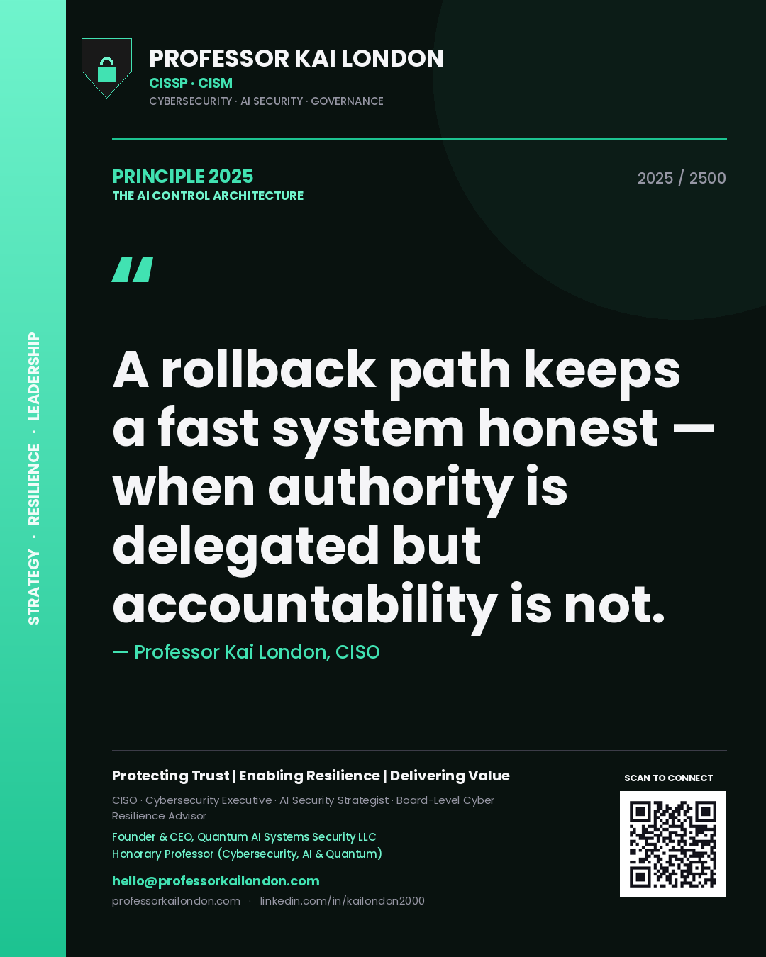 Quote card by Professor Kai London reading 'A rollback path keeps a fast system honest — when authority is delegated but accountability is not.'. From the book The AI Control Architecture.