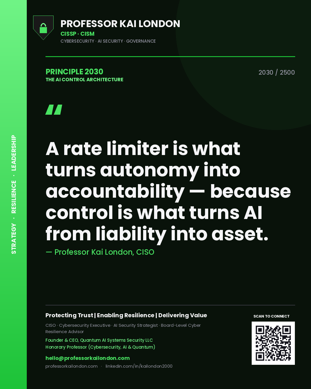 Quote card by Professor Kai London reading 'A rate limiter is what turns autonomy into accountability — because control is what turns AI from liability into asset.'. From the book The AI Control Architecture.