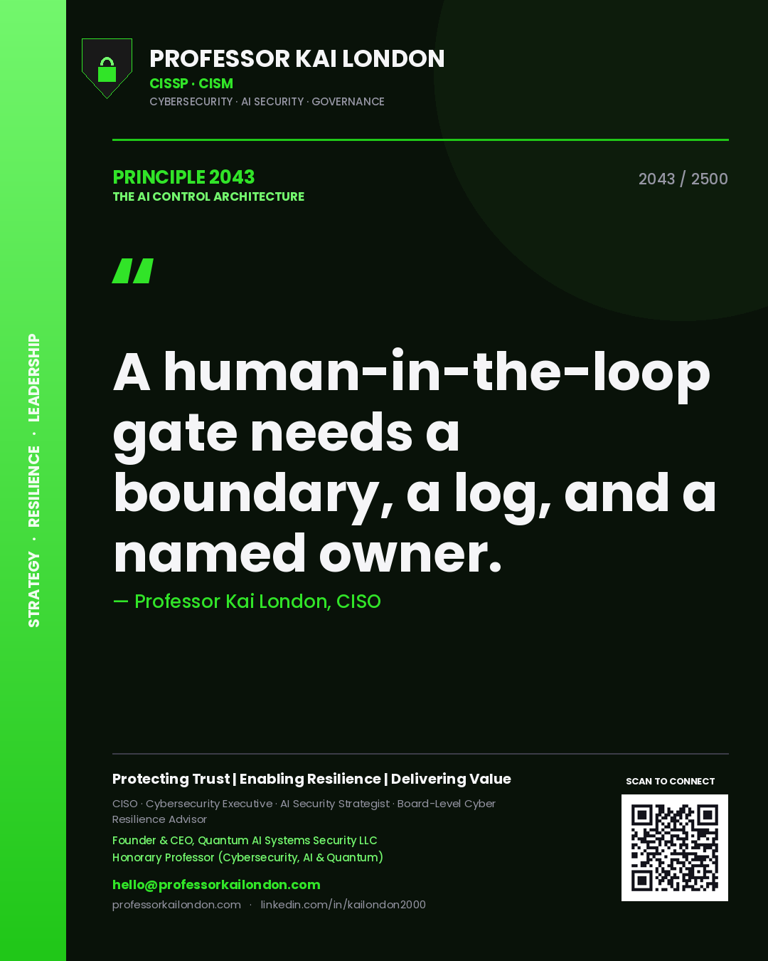 Quote card by Professor Kai London reading 'A human-in-the-loop gate needs a boundary, a log, and a named owner.'. From the book The AI Control Architecture.