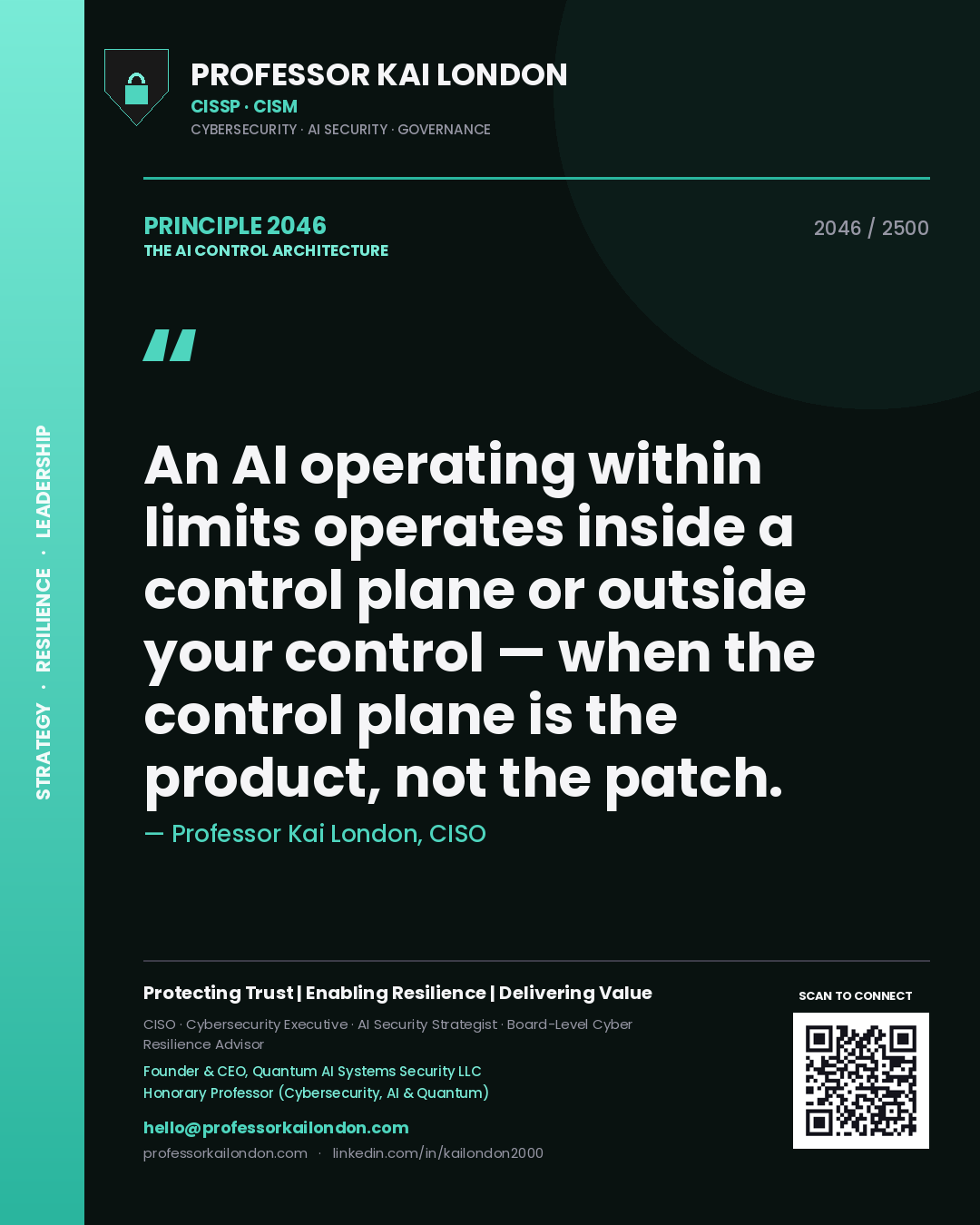 Quote card by Professor Kai London reading 'An AI operating within limits operates inside a control plane or outside your control — when the control plane is the product, not the patch.'. From the book The AI Control Architecture.