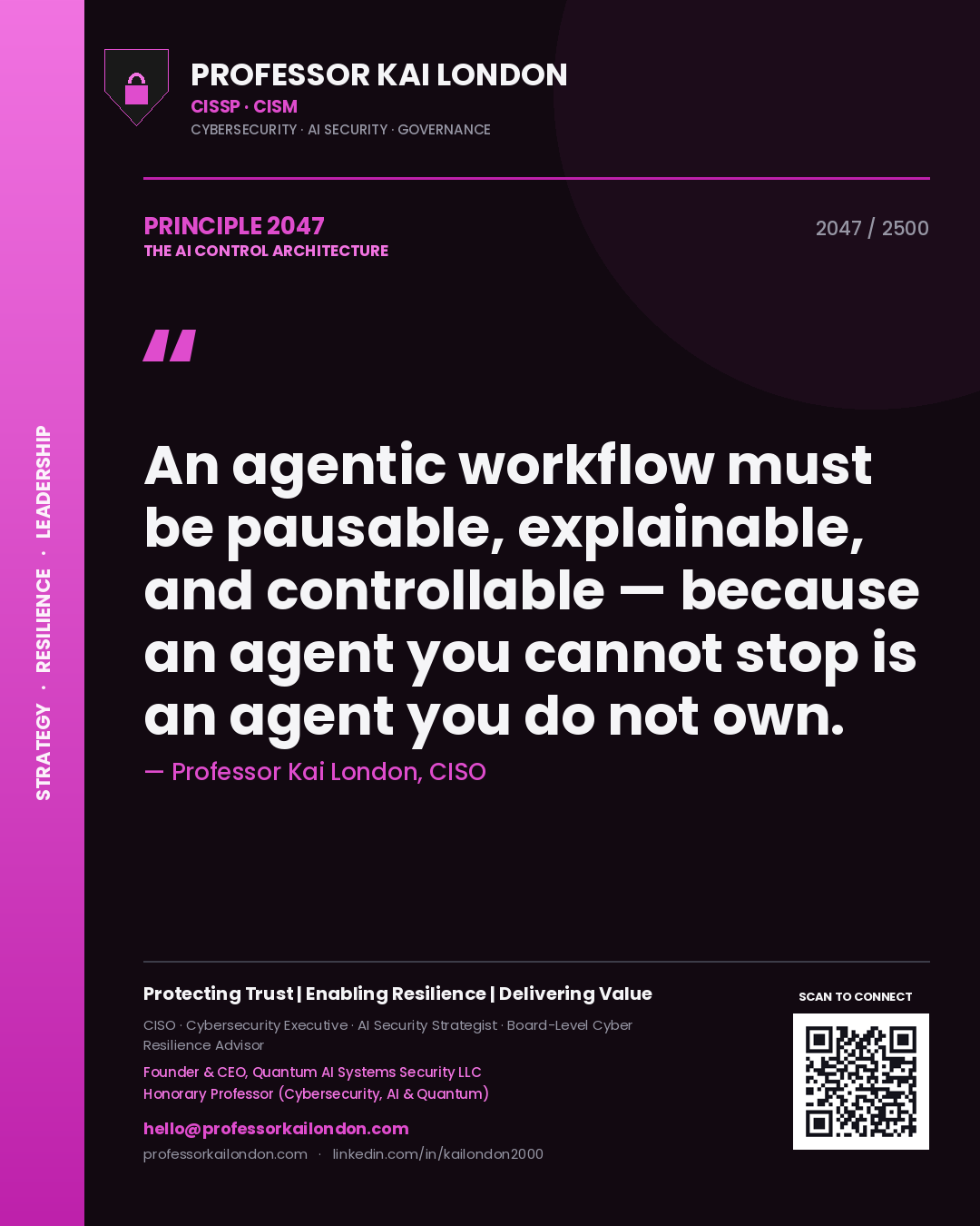 Quote card by Professor Kai London reading 'An agentic workflow must be pausable, explainable, and controllable — because an agent you cannot stop is an agent you do not own.'. From the book The AI Control Architecture.