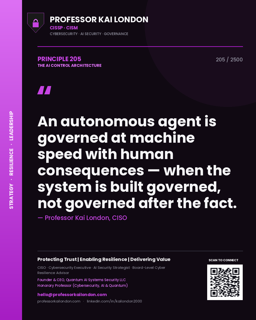Quote card by Professor Kai London reading 'An autonomous agent is governed at machine speed with human consequences — when the system is built governed, not governed after the fact.'. From the book The AI Control Architecture.
