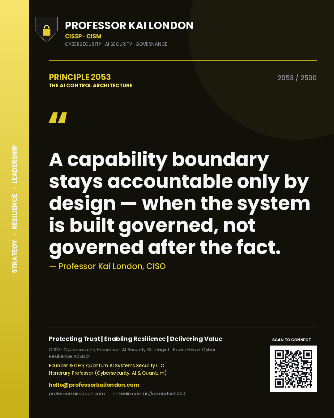 Quote card by Professor Kai London reading 'A capability boundary stays accountable only by design — when the system is built governed, not governed after the fact.'. From the book The AI Control Architecture.