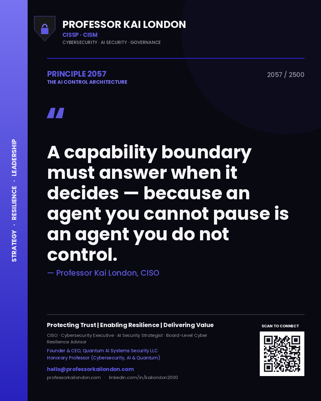 Quote card by Professor Kai London reading 'A capability boundary must answer when it decides — because an agent you cannot pause is an agent you do not control.'. From the book The AI Control Architecture.