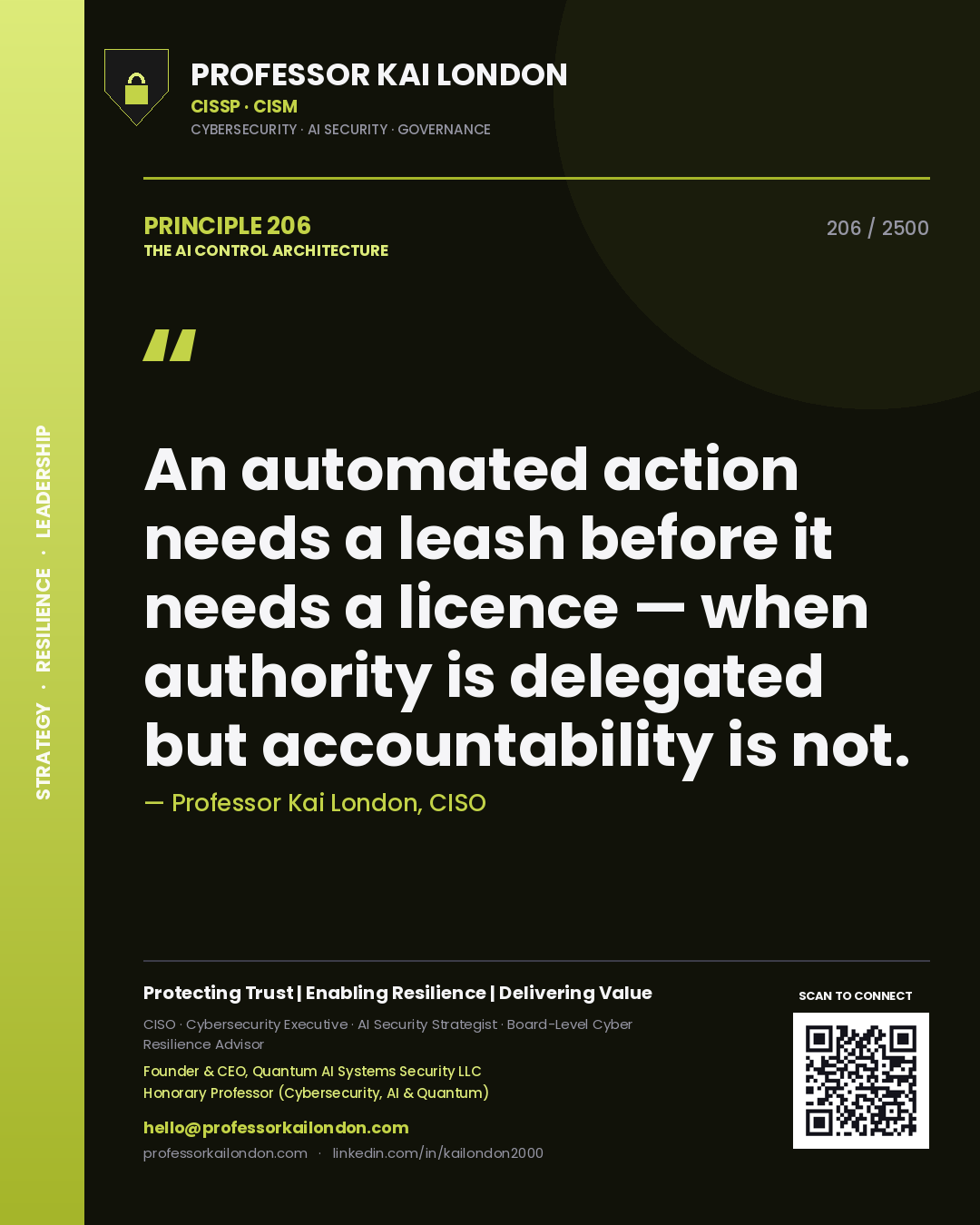 Quote card by Professor Kai London reading 'An automated action needs a leash before it needs a licence — when authority is delegated but accountability is not.'. From the book The AI Control Architecture.