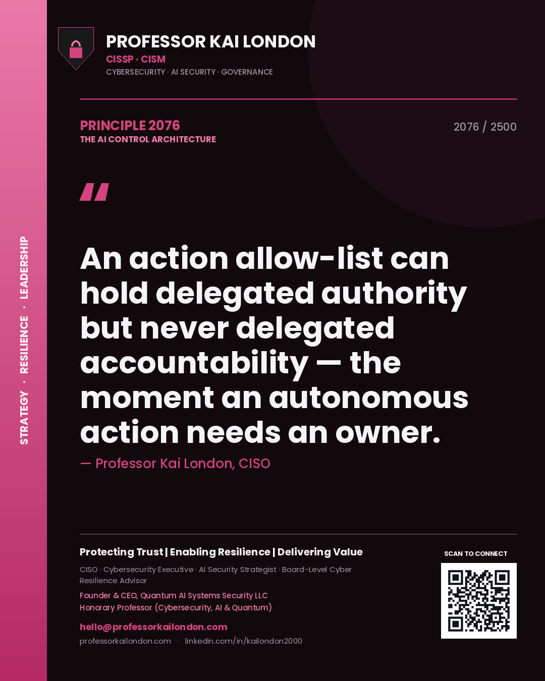 Quote card by Professor Kai London reading 'An action allow-list can hold delegated authority but never delegated accountability — the moment an autonomous action needs an owner.'. From the book The AI Control Architecture.