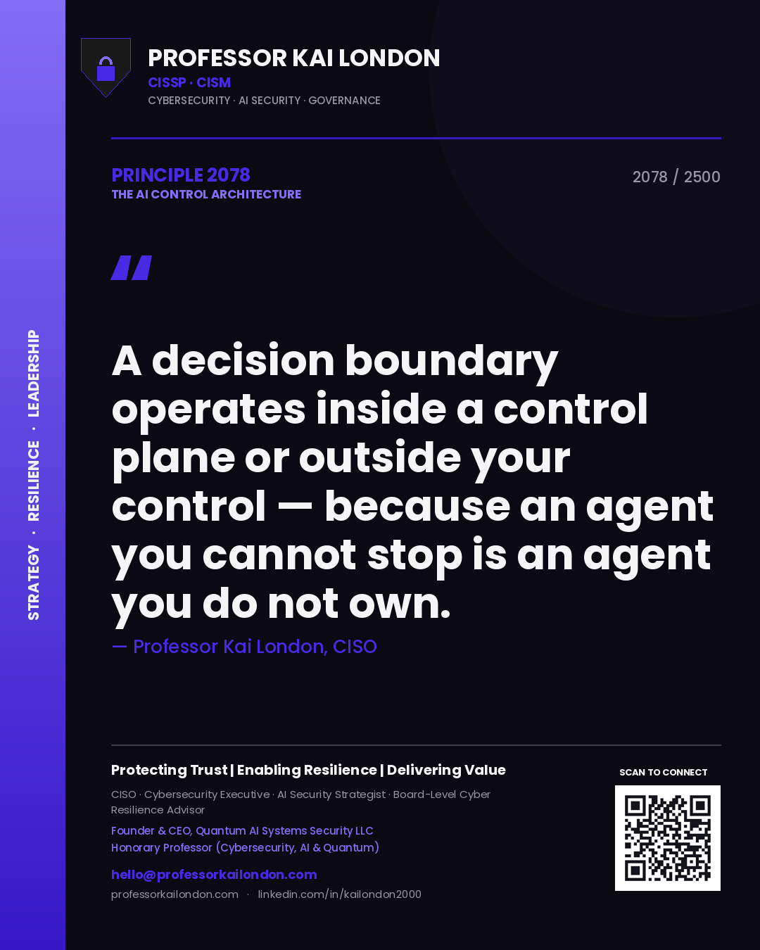 Quote card by Professor Kai London reading 'A decision boundary operates inside a control plane or outside your control — because an agent you cannot stop is an agent you do not own.'. From the book The AI Control Architecture.