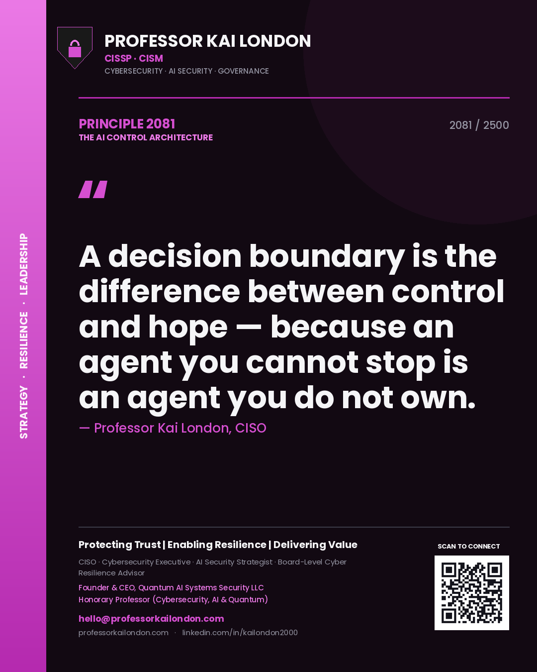Quote card by Professor Kai London reading 'A decision boundary is the difference between control and hope — because an agent you cannot stop is an agent you do not own.'. From the book The AI Control Architecture.