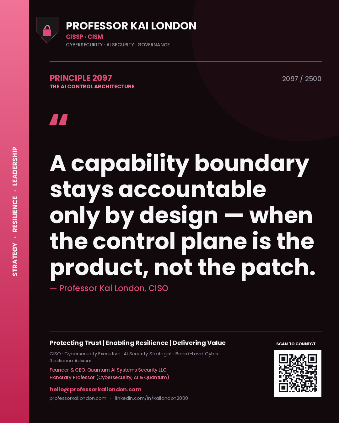 Quote card by Professor Kai London reading 'A capability boundary stays accountable only by design — when the control plane is the product, not the patch.'. From the book The AI Control Architecture.
