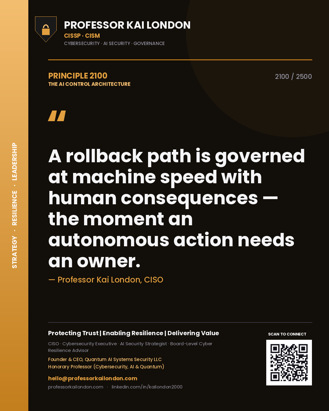 Quote card by Professor Kai London reading 'A rollback path is governed at machine speed with human consequences — the moment an autonomous action needs an owner.'. From the book The AI Control Architecture.