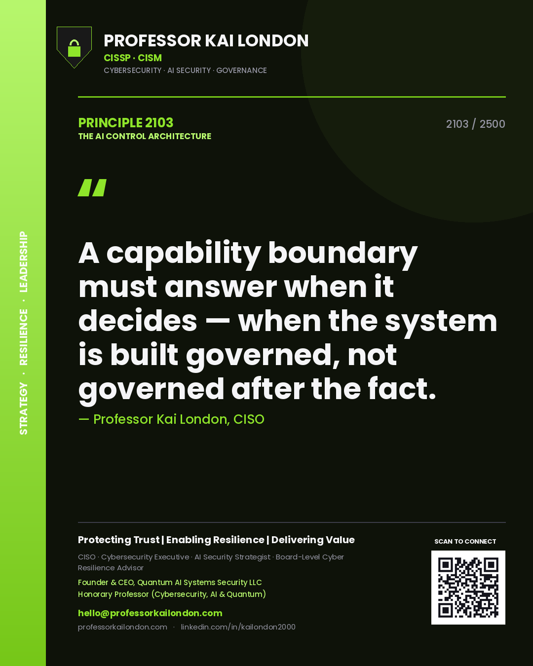 Quote card by Professor Kai London reading 'A capability boundary must answer when it decides — when the system is built governed, not governed after the fact.'. From the book The AI Control Architecture.