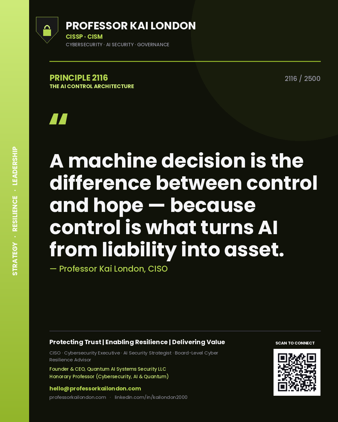 Professor Kai London principle 2116: A machine decision is the difference between control and hope — because control is what turns AI from liability into asset.