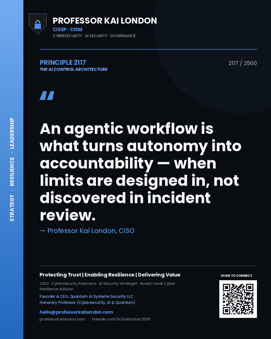 Quote card by Professor Kai London reading 'An agentic workflow is what turns autonomy into accountability — when limits are designed in, not discovered in incident review.'. From the book The AI Control Architecture.