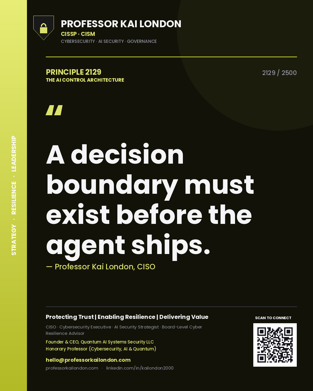 Quote card by Professor Kai London reading 'A decision boundary must exist before the agent ships.'. From the book The AI Control Architecture.