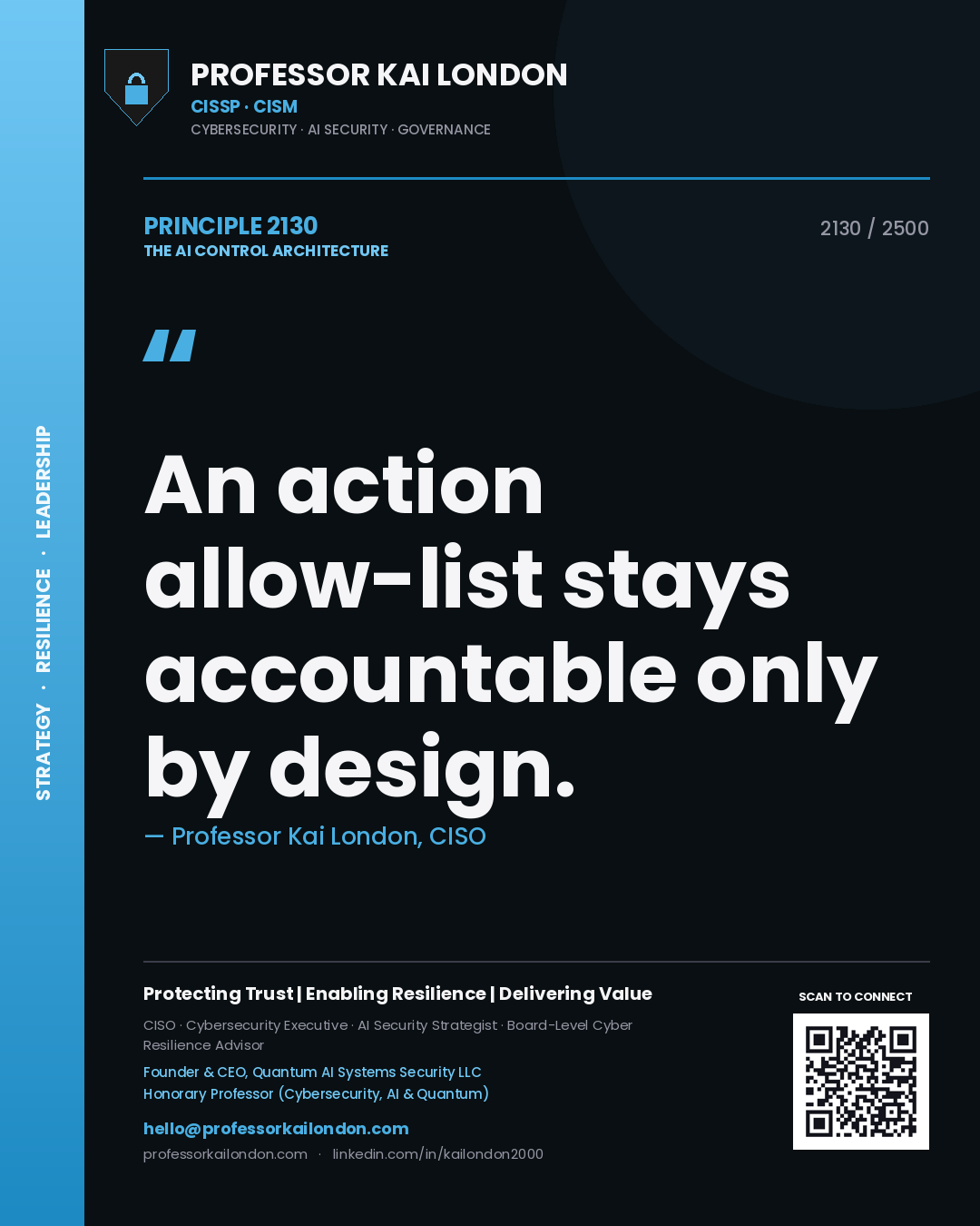 Quote card by Professor Kai London reading 'An action allow-list stays accountable only by design.'. From the book The AI Control Architecture.