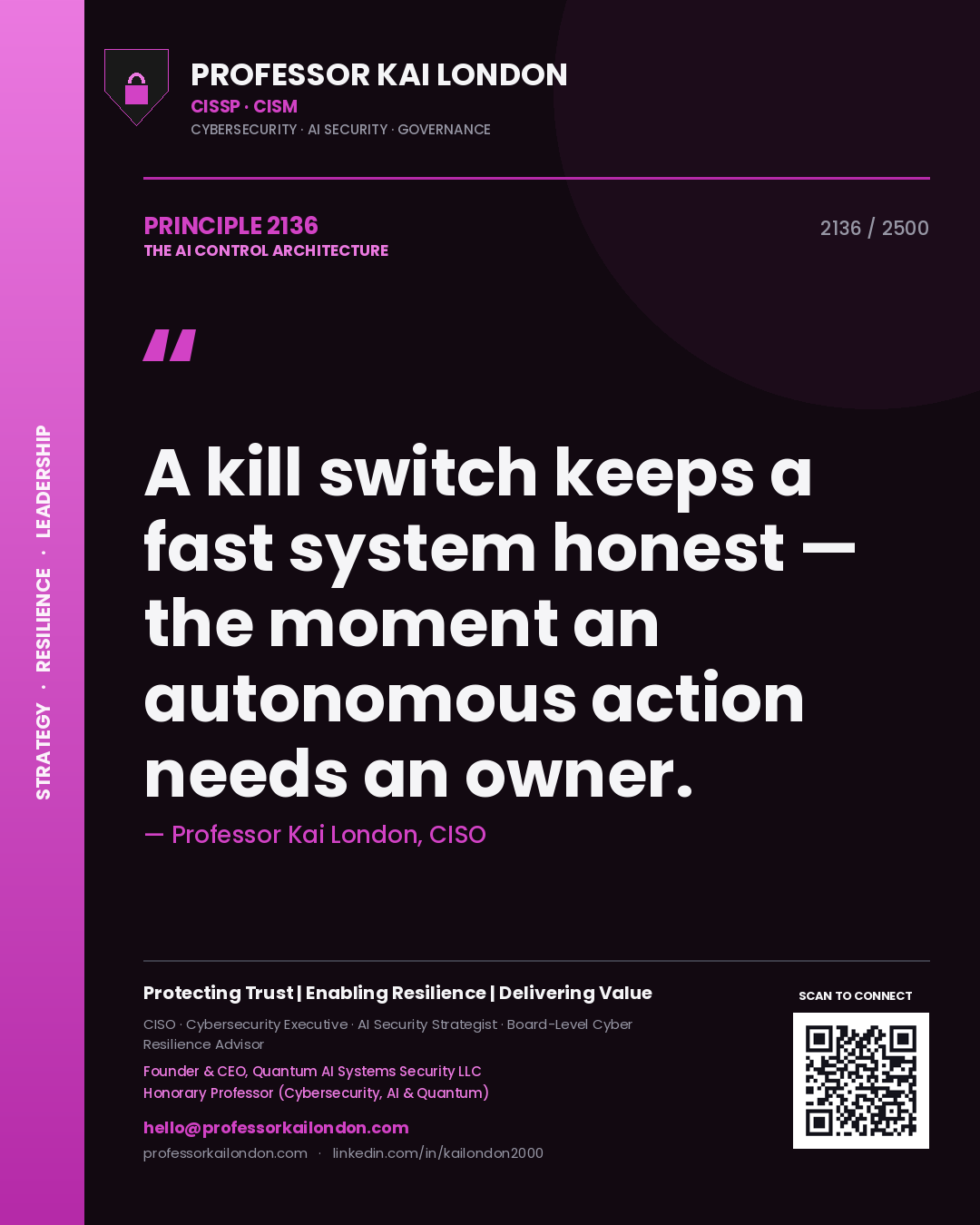 Professor Kai London principle 2136: A kill switch keeps a fast system honest — the moment an autonomous action needs an owner.