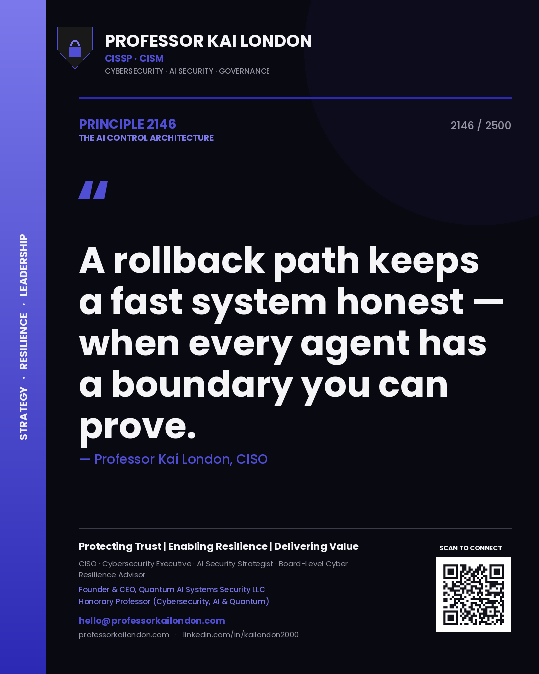 Professor Kai London principle 2146: A rollback path keeps a fast system honest — when every agent has a boundary you can prove.