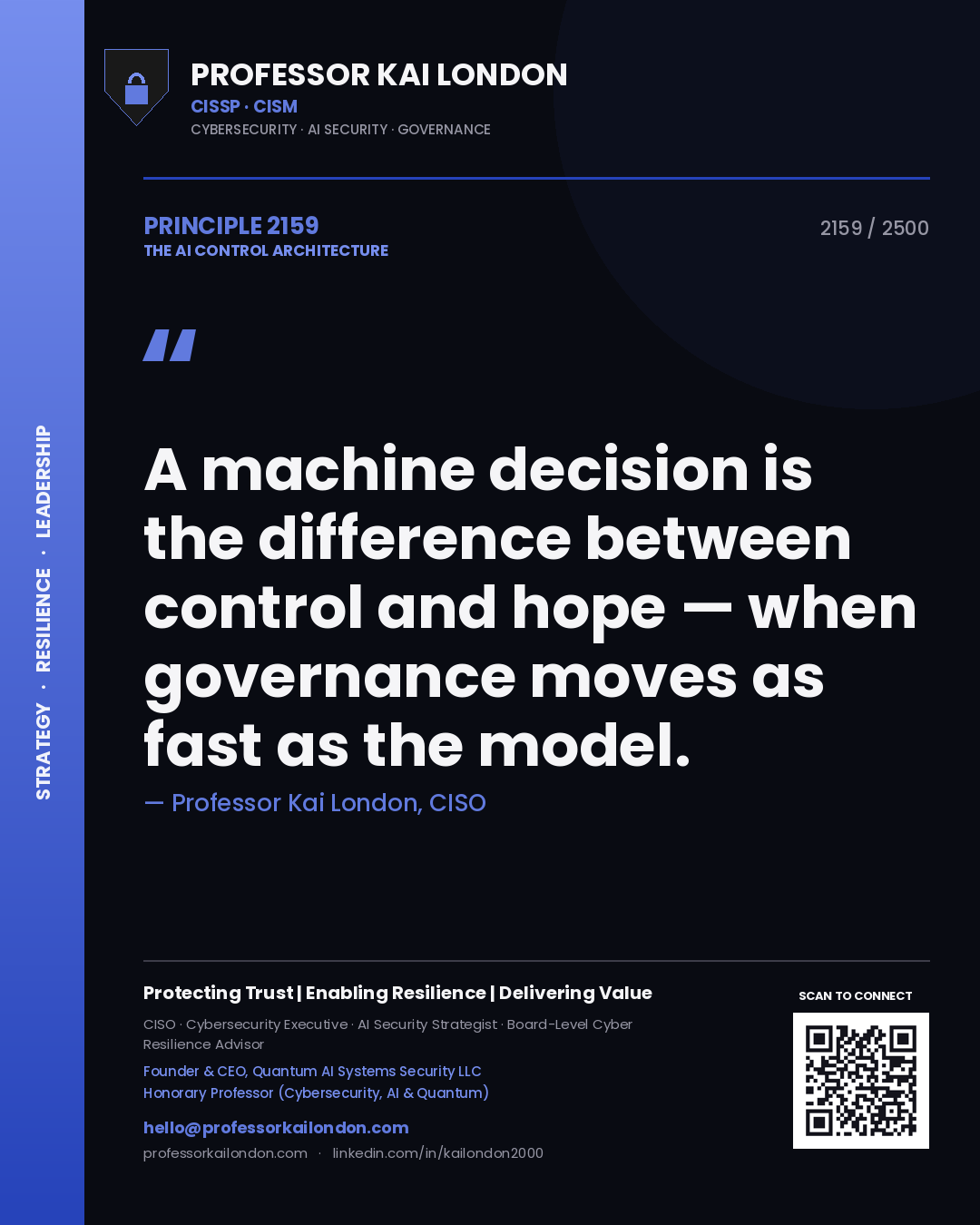 Professor Kai London principle 2159: A machine decision is the difference between control and hope — when governance moves as fast as the model.