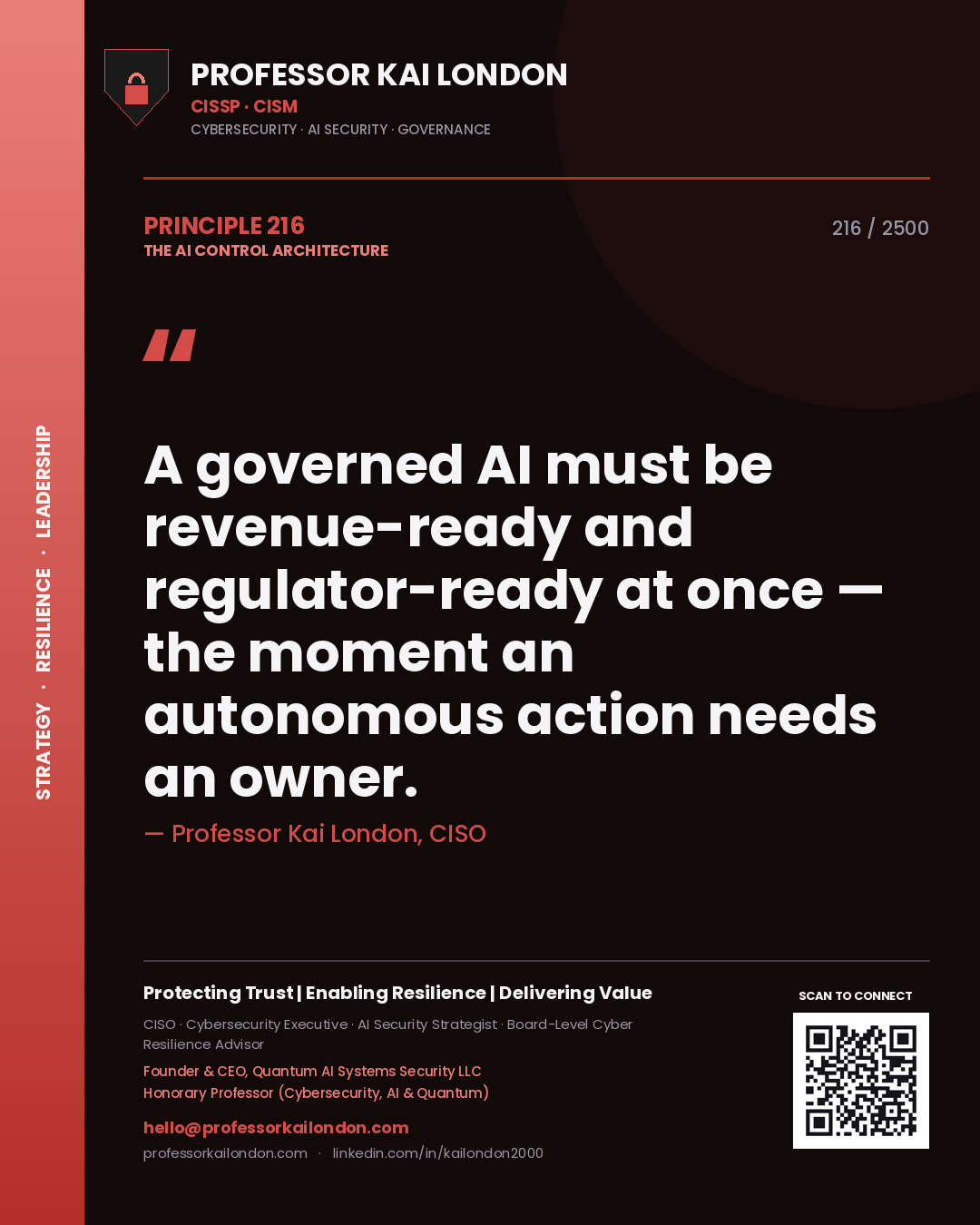 Professor Kai London principle 216: A governed AI must be revenue-ready and regulator-ready at once — the moment an autonomous action needs an owner.