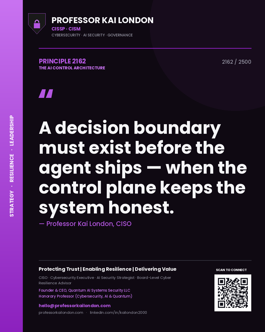 Professor Kai London principle 2162: A decision boundary must exist before the agent ships — when the control plane keeps the system honest.
