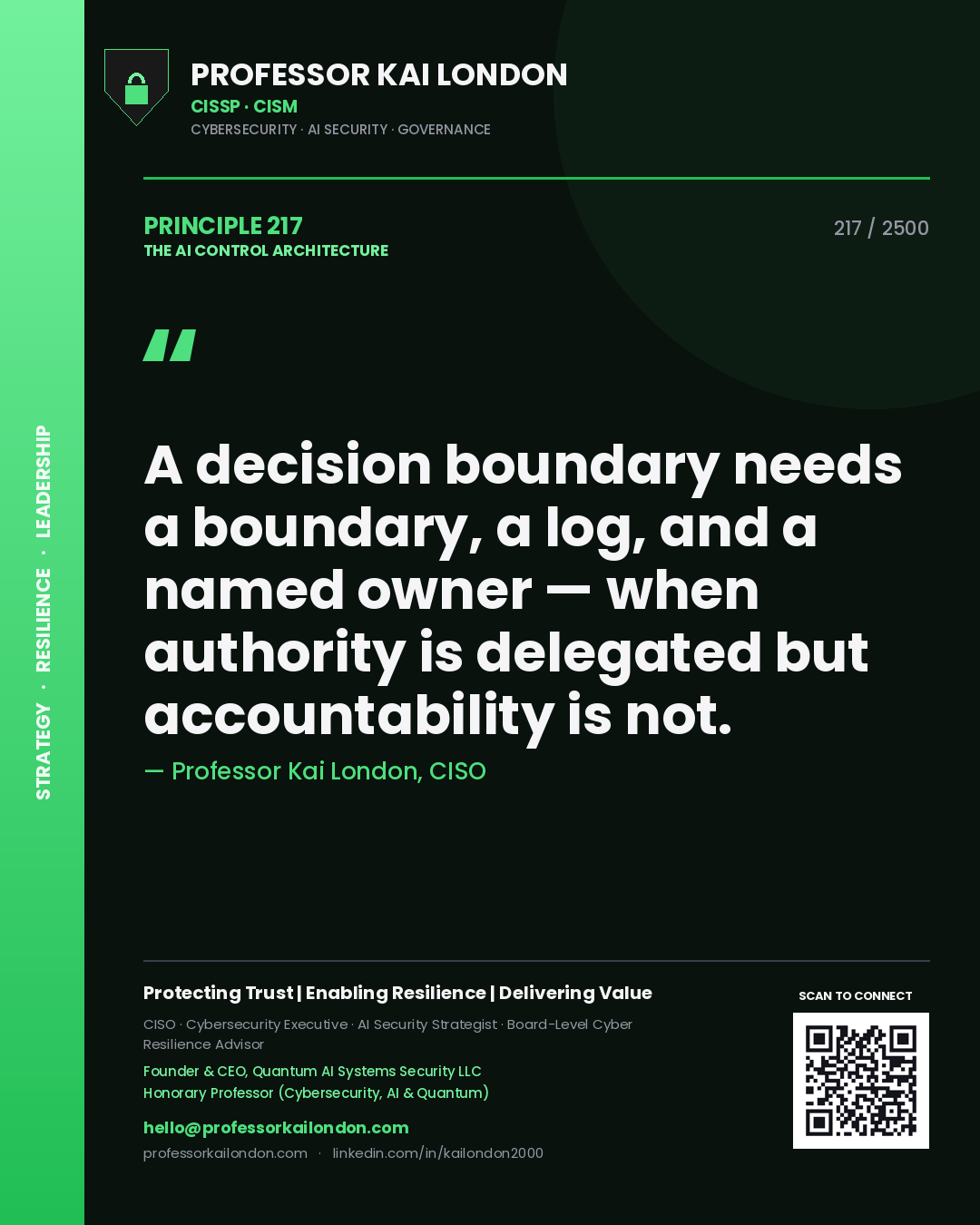 Professor Kai London principle 217: A decision boundary needs a boundary, a log, and a named owner — when authority is delegated but accountability is not.