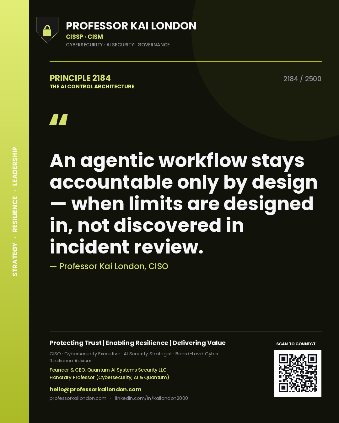 Quote card by Professor Kai London reading 'An agentic workflow stays accountable only by design — when limits are designed in, not discovered in incident review.'. From the book The AI Control Architecture.