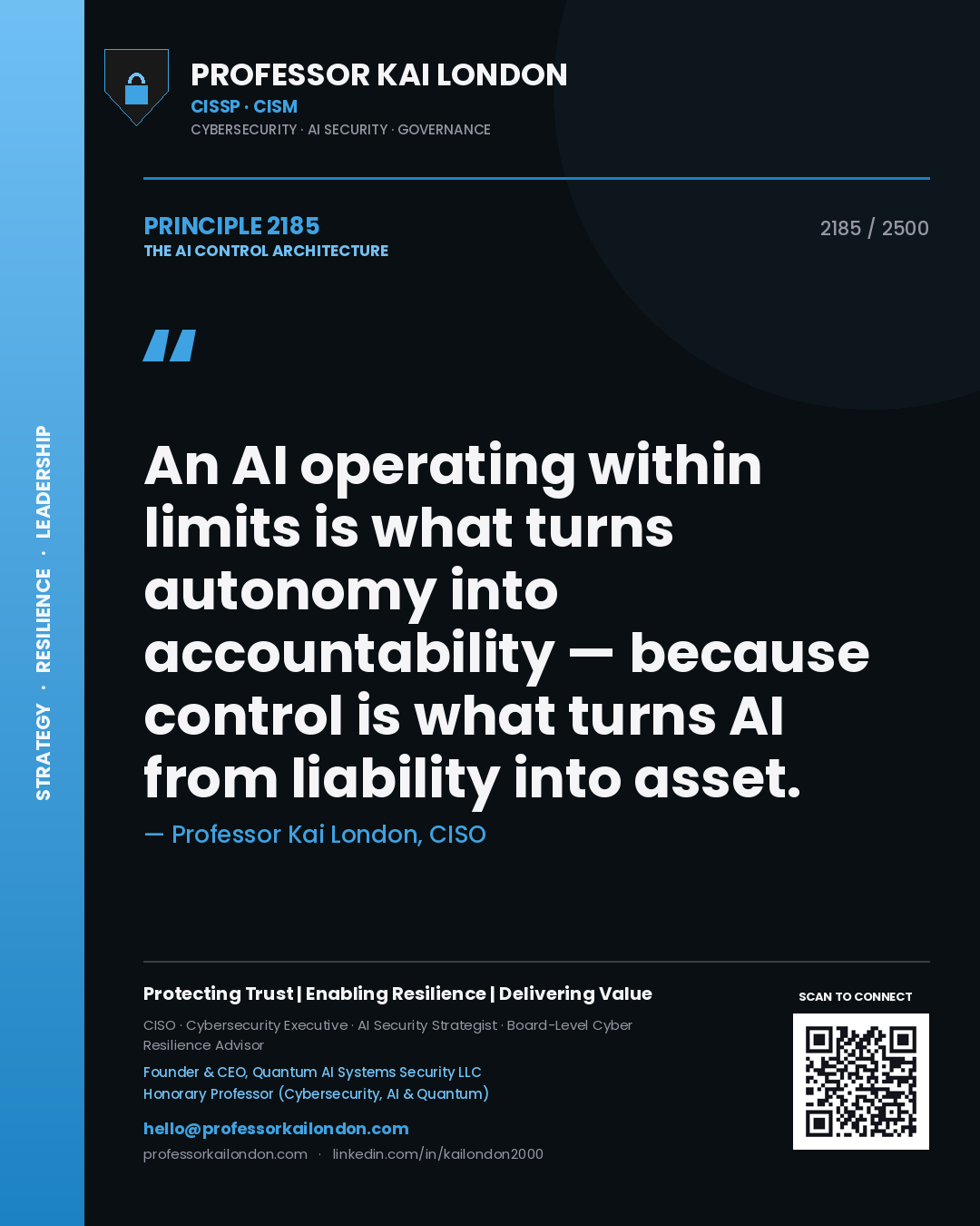 Professor Kai London principle 2185: An AI operating within limits is what turns autonomy into accountability — because control is what turns AI from liability into asset.