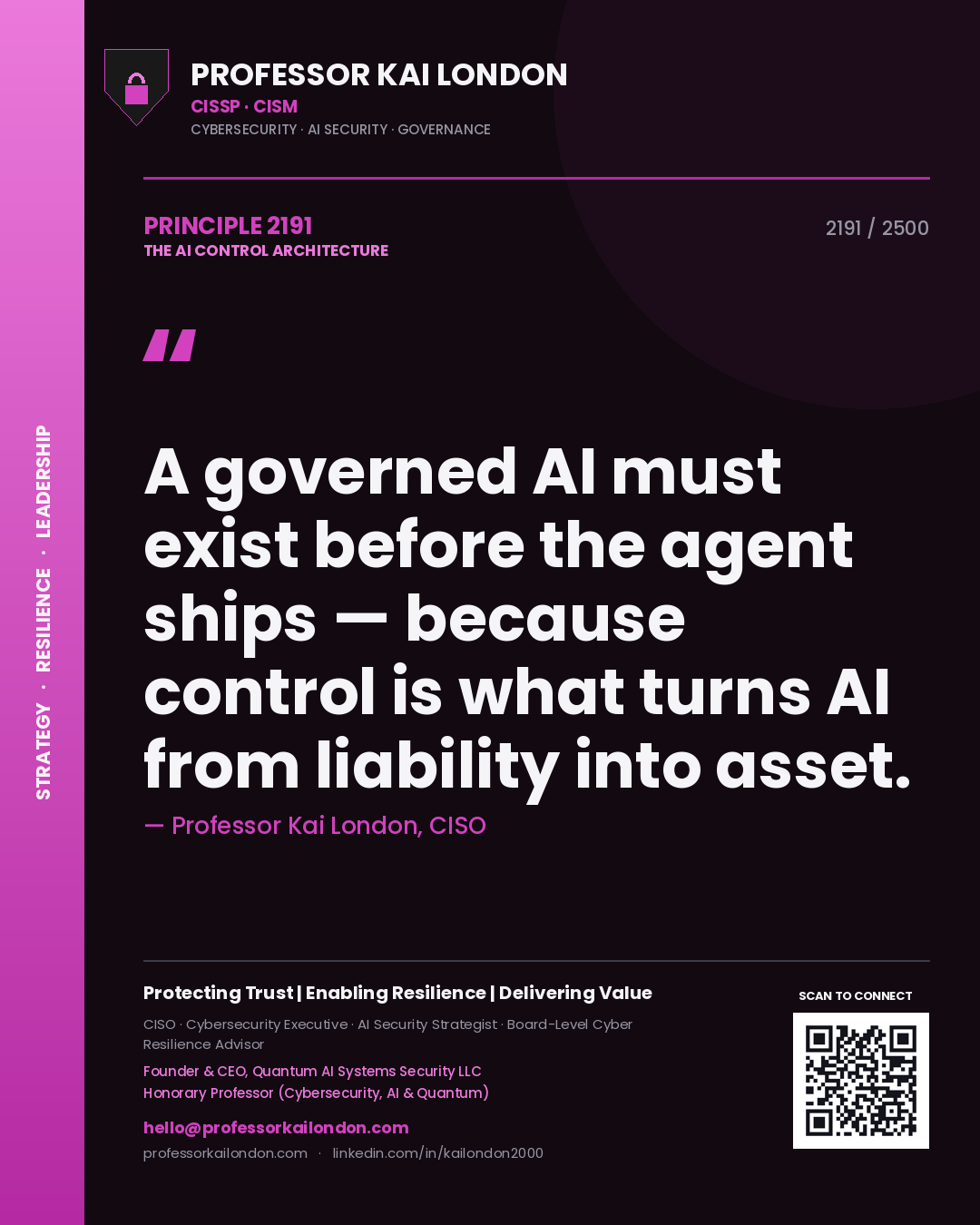 Professor Kai London principle 2191: A governed AI must exist before the agent ships — because control is what turns AI from liability into asset.