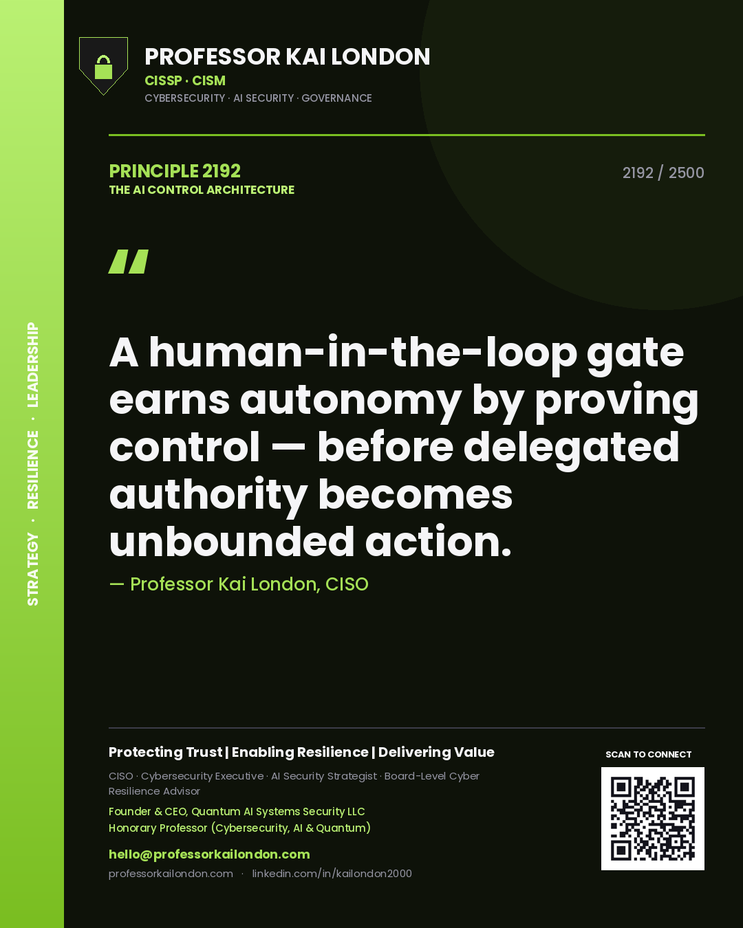 Professor Kai London principle 2192: A human-in-the-loop gate earns autonomy by proving control — before delegated authority becomes unbounded action.