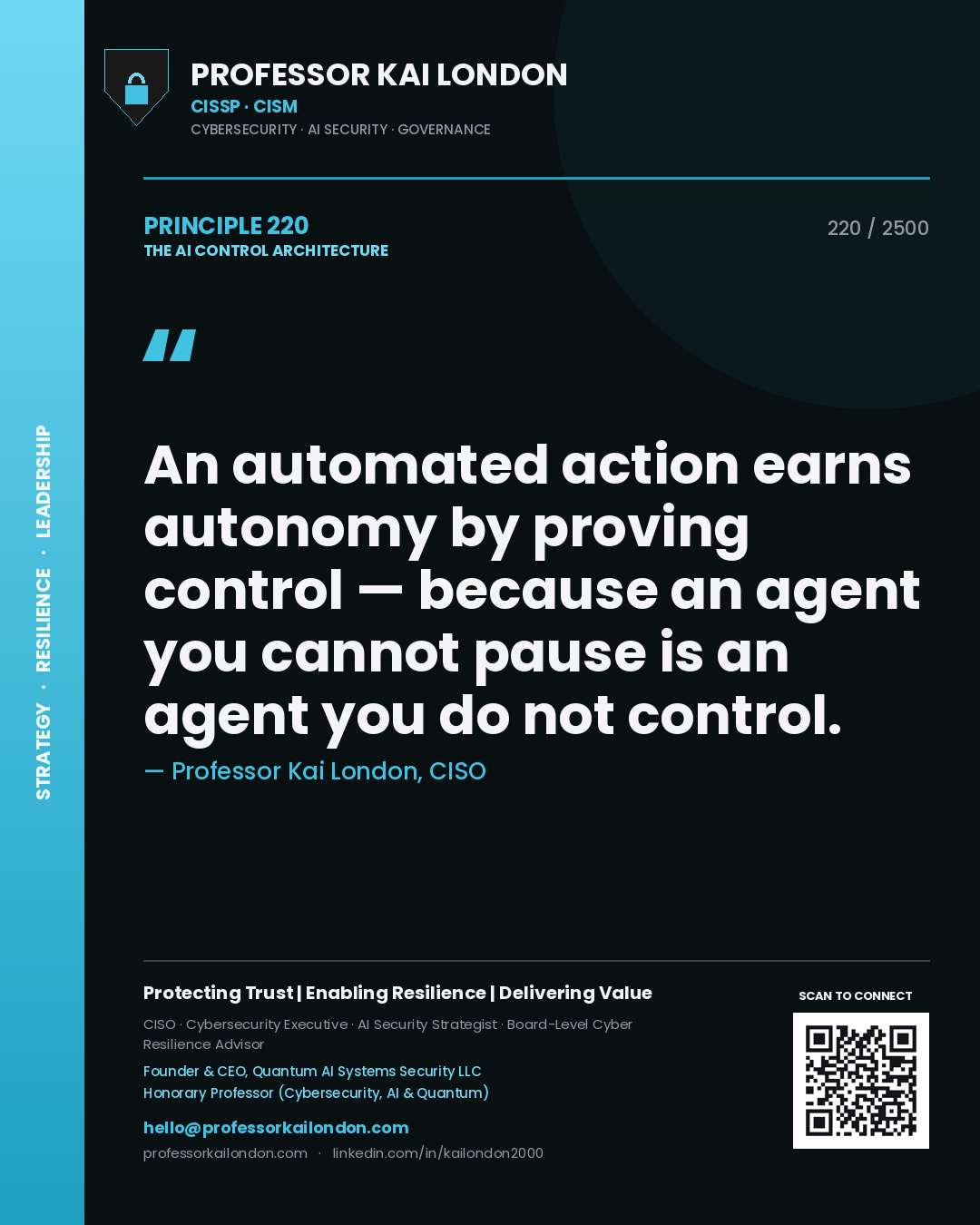 Professor Kai London principle 220: An automated action earns autonomy by proving control — because an agent you cannot pause is an agent you do not control.