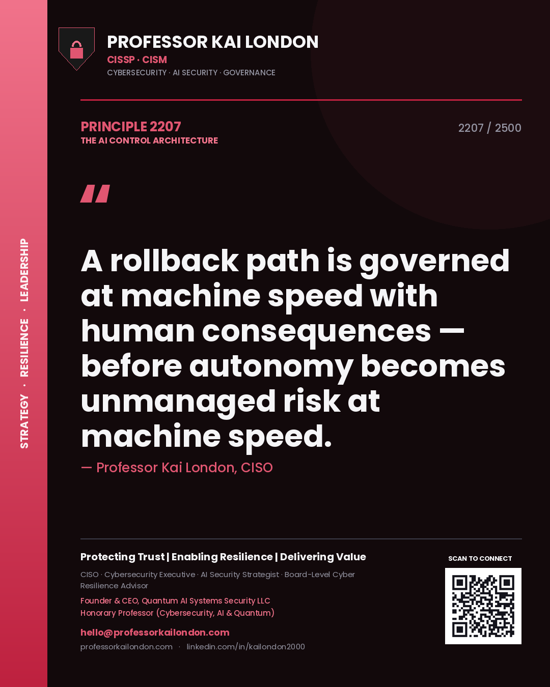 Quote card by Professor Kai London reading 'A rollback path is governed at machine speed with human consequences — before autonomy becomes unmanaged risk at machine speed.'. From the book The AI Control Architecture.