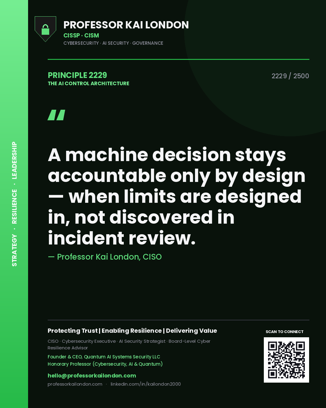 Quote card by Professor Kai London reading 'A machine decision stays accountable only by design — when limits are designed in, not discovered in incident review.'. From the book The AI Control Architecture.
