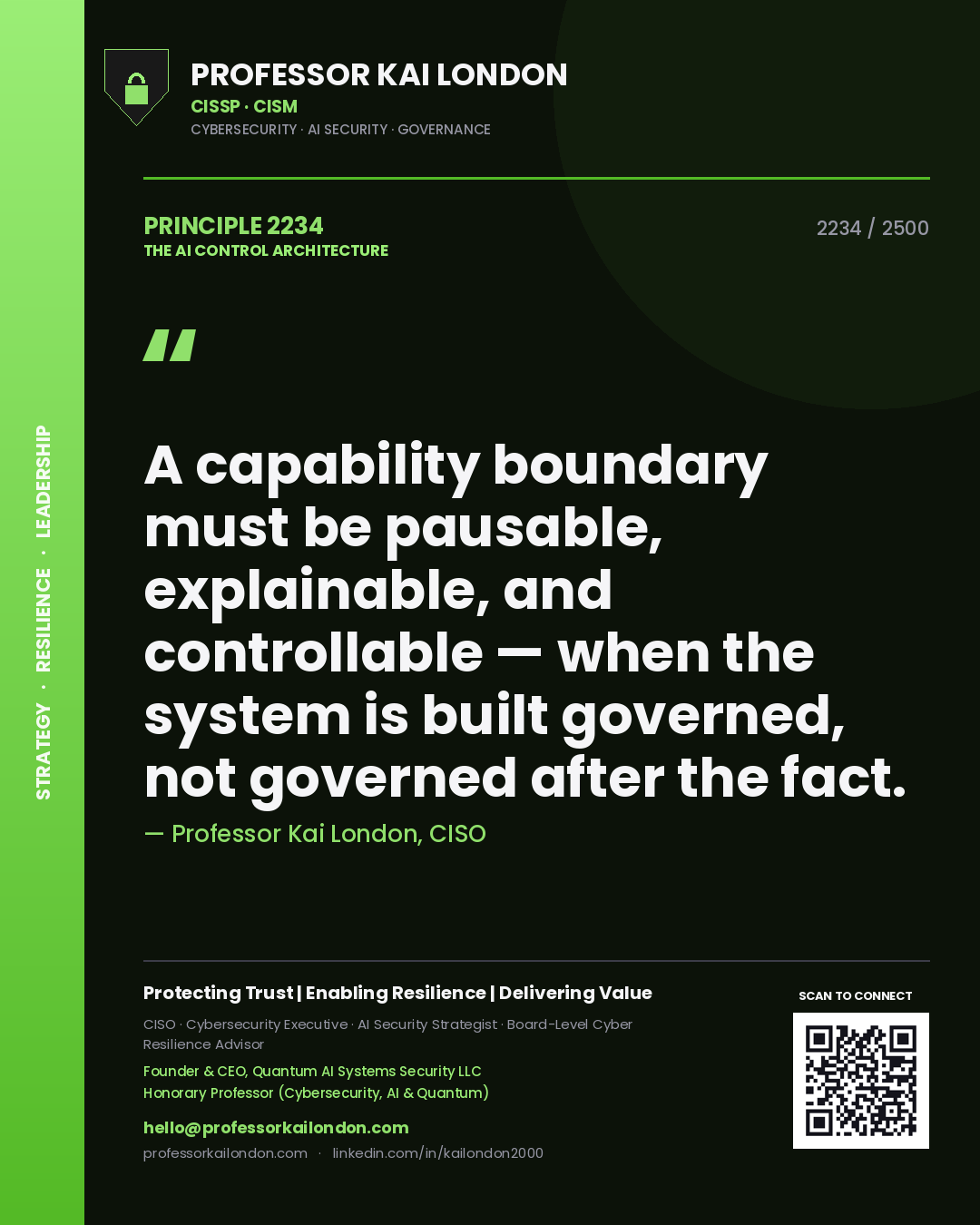Quote card by Professor Kai London reading 'A capability boundary must be pausable, explainable, and controllable — when the system is built governed, not governed after the fact.'. From the book The AI Control Architecture.
