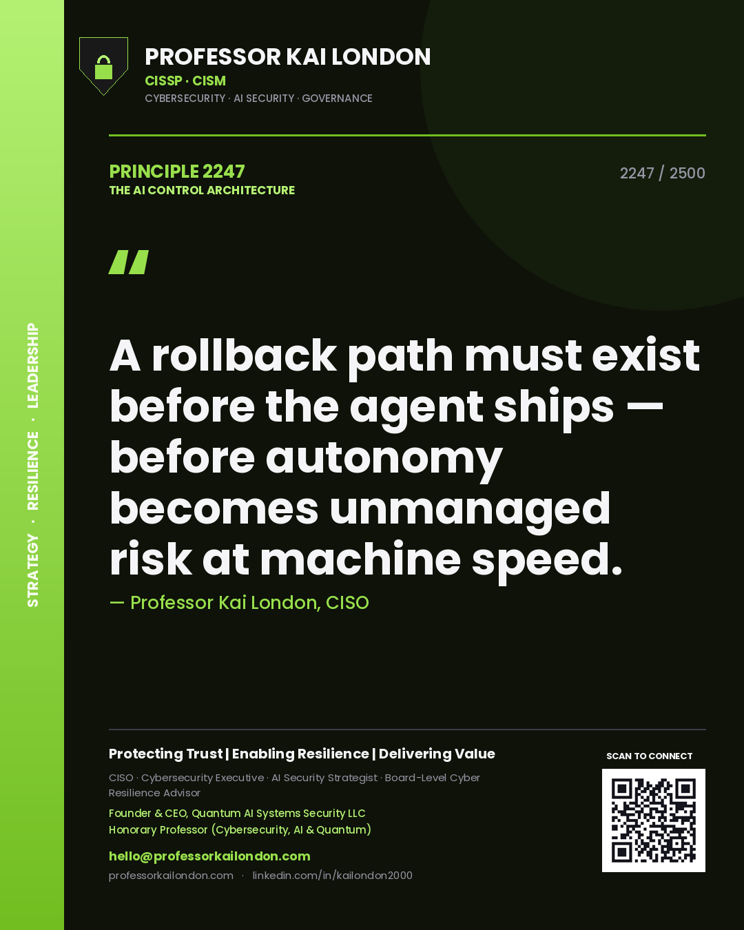 Professor Kai London principle 2247: A rollback path must exist before the agent ships — before autonomy becomes unmanaged risk at machine speed.