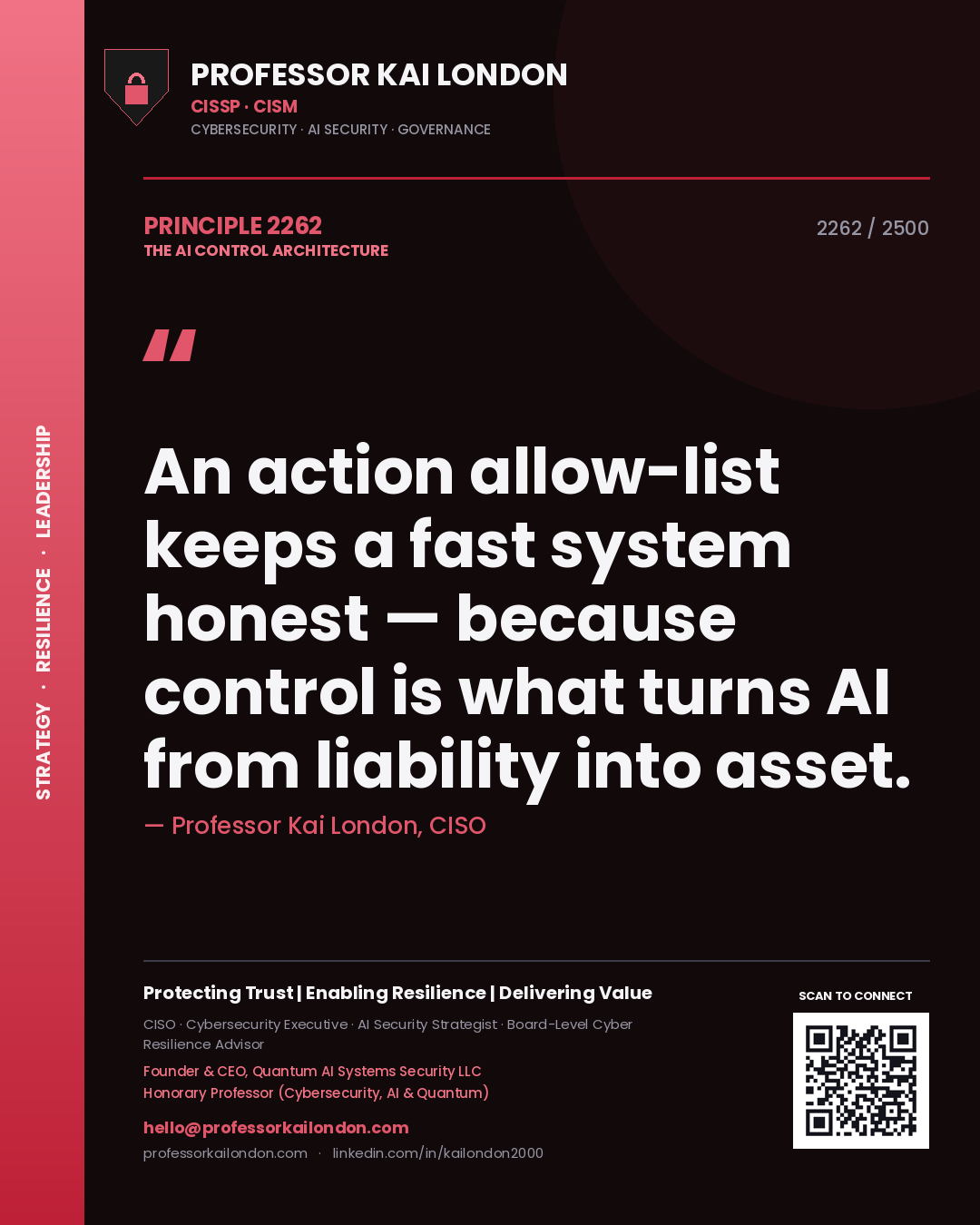 Professor Kai London principle 2262: An action allow-list keeps a fast system honest — because control is what turns AI from liability into asset.