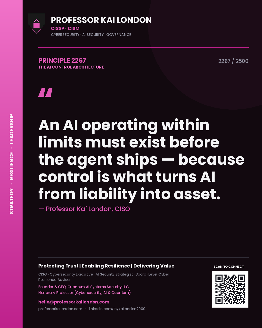 Quote card by Professor Kai London reading 'An AI operating within limits must exist before the agent ships — because control is what turns AI from liability into asset.'. From the book The AI Control Architecture.