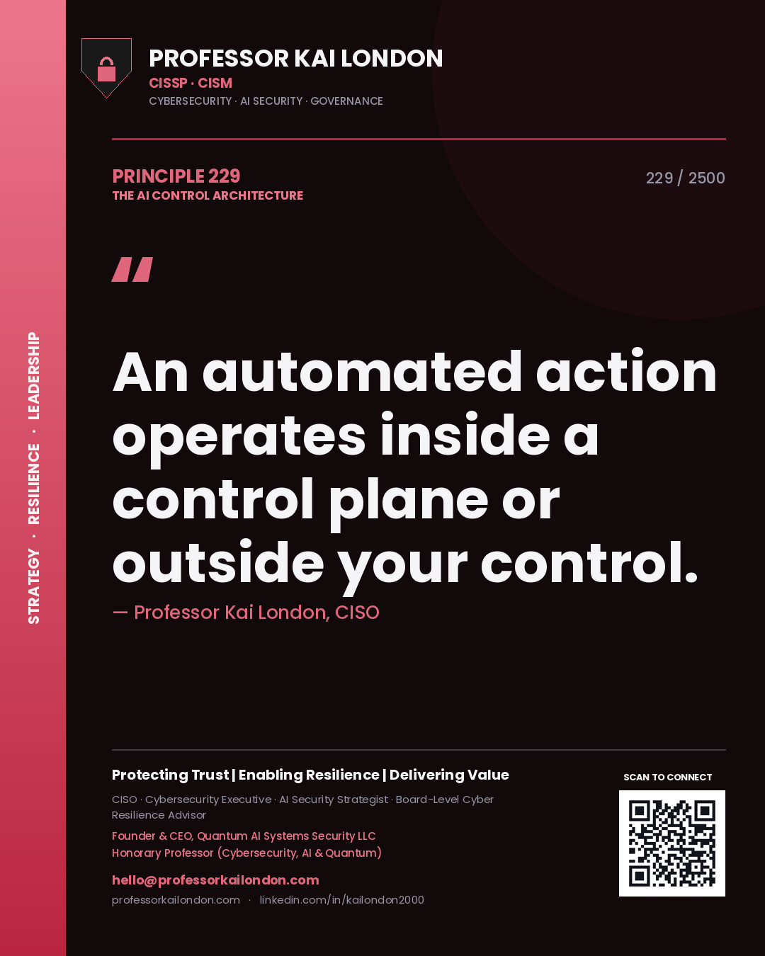 Professor Kai London principle 229: An automated action operates inside a control plane or outside your control.