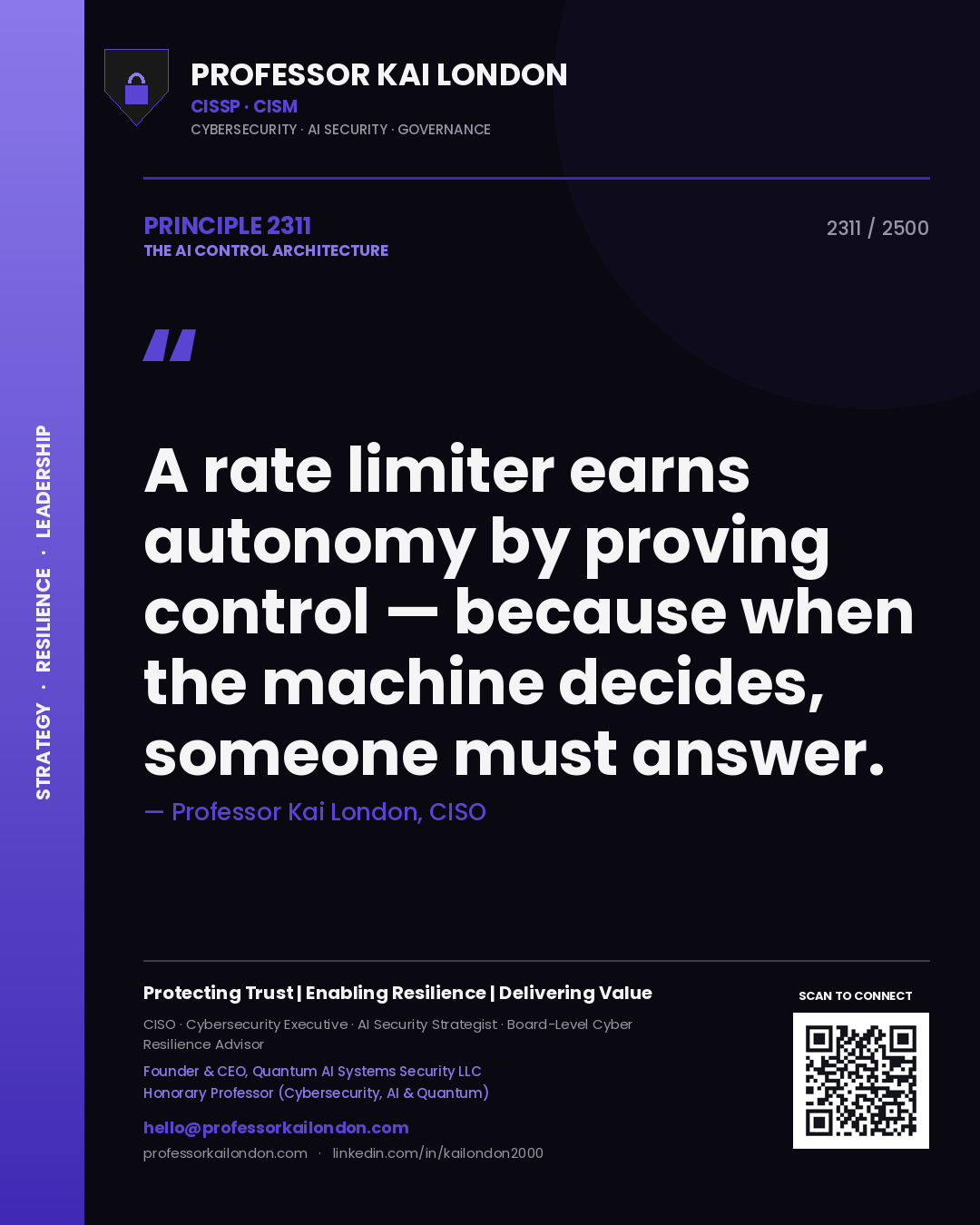 Quote card by Professor Kai London reading 'A rate limiter earns autonomy by proving control — because when the machine decides, someone must answer.'. From the book The AI Control Architecture.