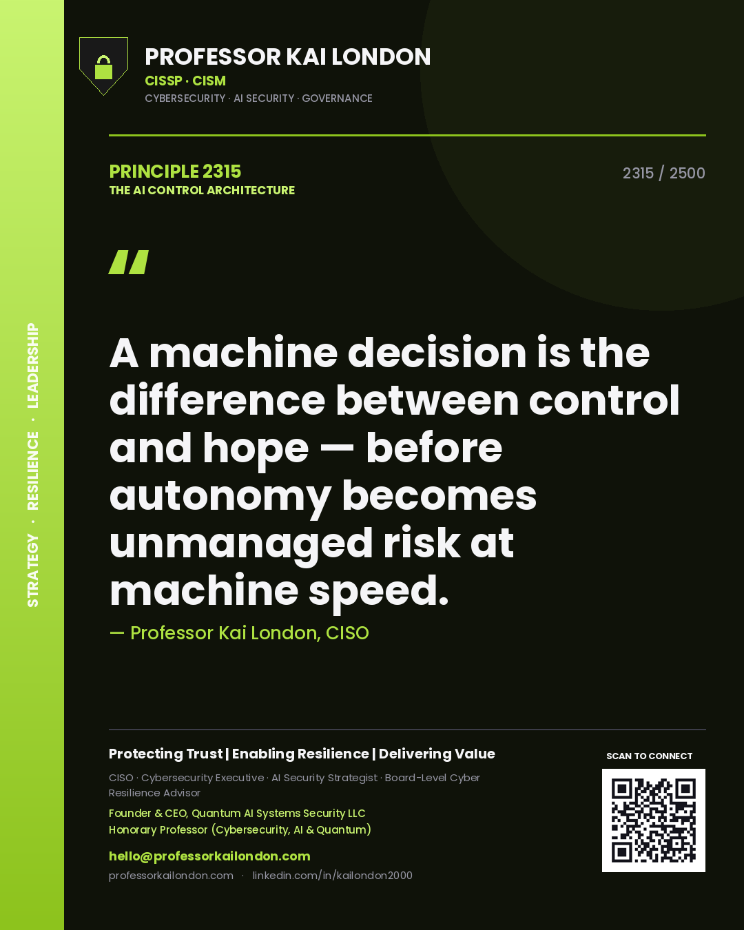 Quote card by Professor Kai London reading 'A machine decision is the difference between control and hope — before autonomy becomes unmanaged risk at machine speed.'. From the book The AI Control Architecture.