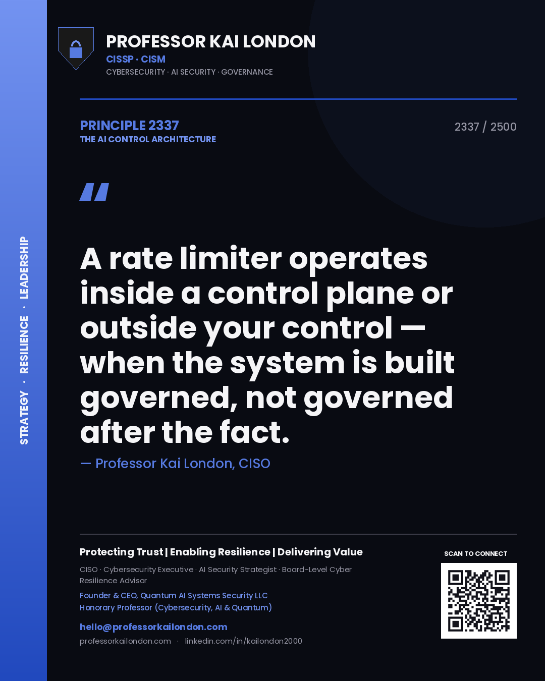 Quote card by Professor Kai London reading 'A rate limiter operates inside a control plane or outside your control — when the system is built governed, not governed after the fact.'. From the book The AI Control Architecture.