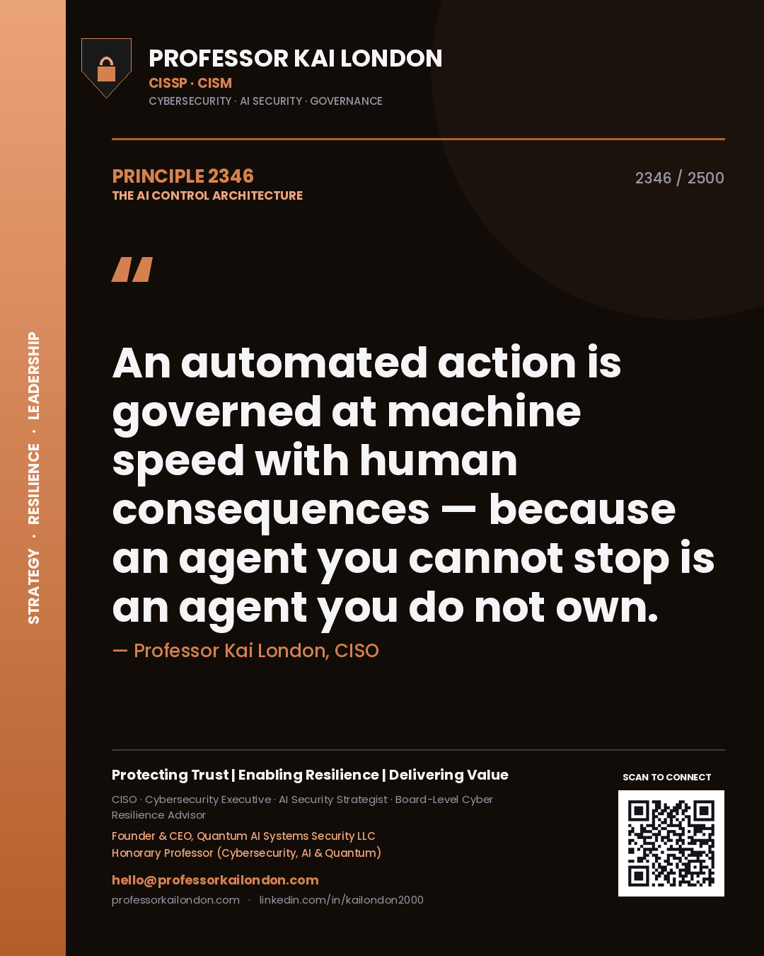Quote card by Professor Kai London reading 'An automated action is governed at machine speed with human consequences — because an agent you cannot stop is an agent you do not own.'. From the book The AI Control Architecture.