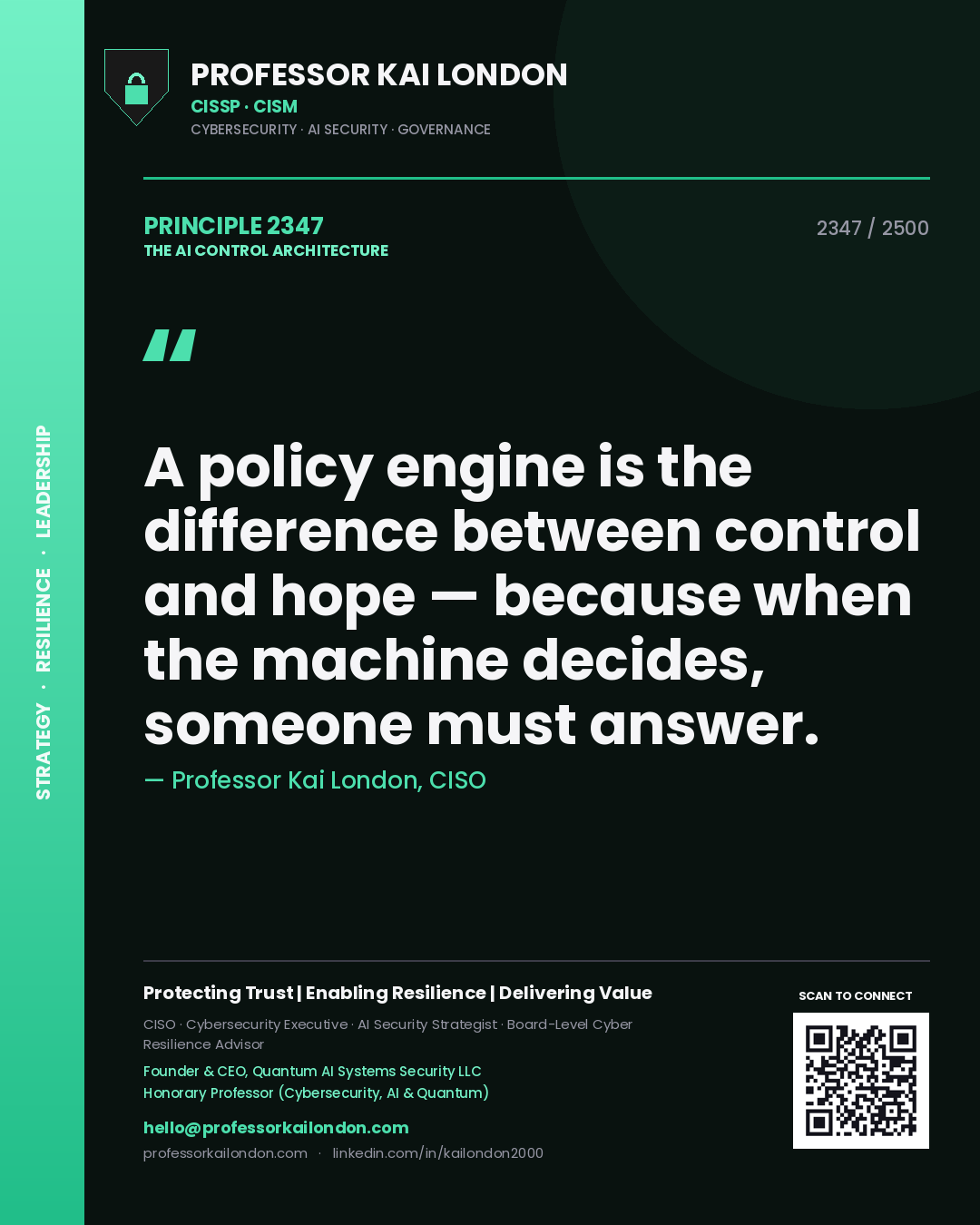 Quote card by Professor Kai London reading 'A policy engine is the difference between control and hope — because when the machine decides, someone must answer.'. From the book The AI Control Architecture.